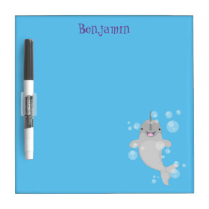 Cute happy narwhal bubbles cartoon illustration dry erase board