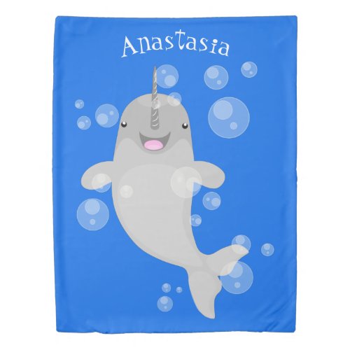 Cute happy narwhal bubbles cartoon illustration duvet cover