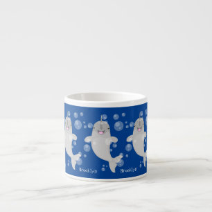 Cute happy narwhal bubbles cartoon illustration espresso cup