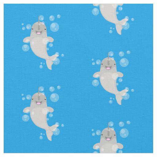 Cute happy narwhal bubbles cartoon illustration fabric