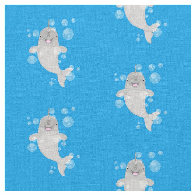 Cute happy narwhal bubbles cartoon illustration fabric (Close Up)