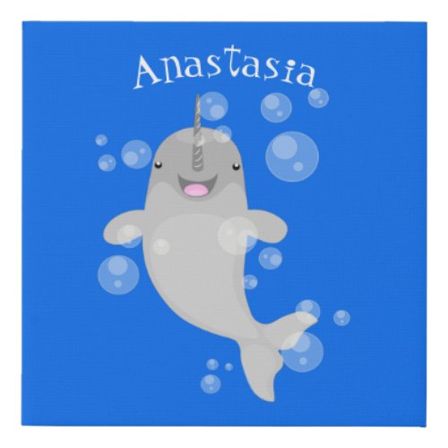 Cute happy narwhal bubbles cartoon illustration faux canvas print