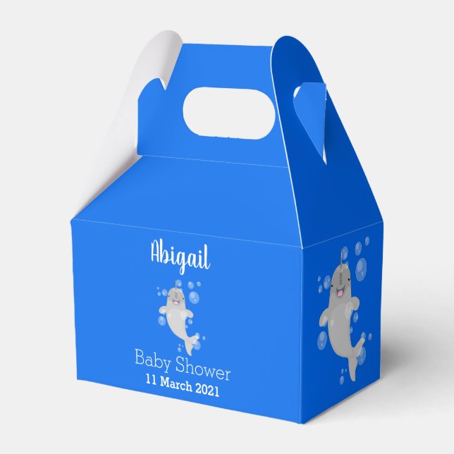 Cute happy narwhal bubbles cartoon illustration favor boxes (Front Side)