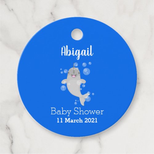 Cute happy narwhal bubbles cartoon illustration favor tags