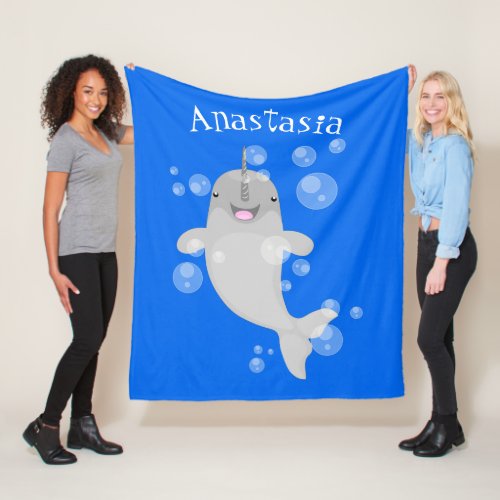 Cute happy narwhal bubbles cartoon illustration fleece blanket