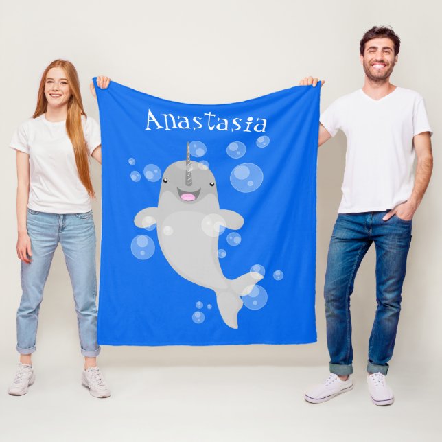 Cute happy narwhal bubbles cartoon illustration fleece blanket (In Situ)