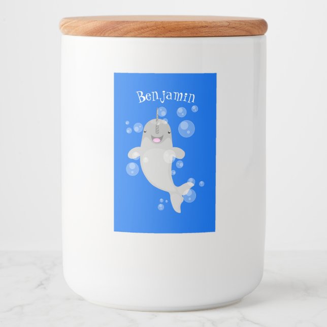Cute happy narwhal bubbles cartoon illustration food label (Front)