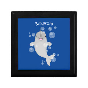 Cute happy narwhal bubbles cartoon illustration gift box