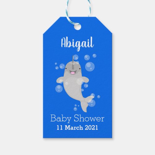 Cute happy narwhal bubbles cartoon illustration gift tags