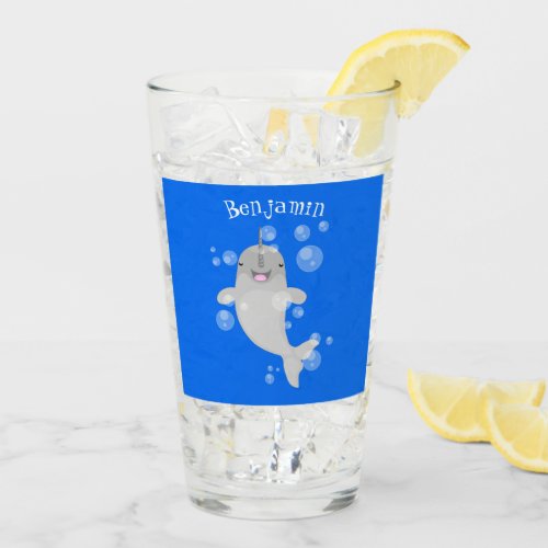 Cute happy narwhal bubbles cartoon illustration glass