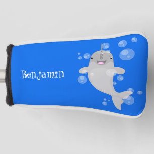Cute happy narwhal bubbles cartoon illustration golf head cover
