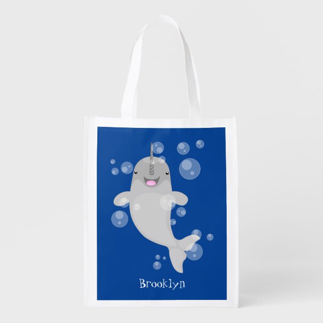 Cute happy narwhal bubbles cartoon illustration grocery bag (Front)