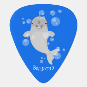 Cute happy narwhal bubbles cartoon illustration guitar pick