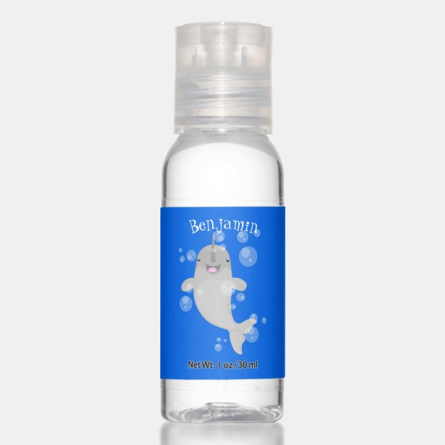 Cute happy narwhal bubbles cartoon illustration hand sanitizer (Front)