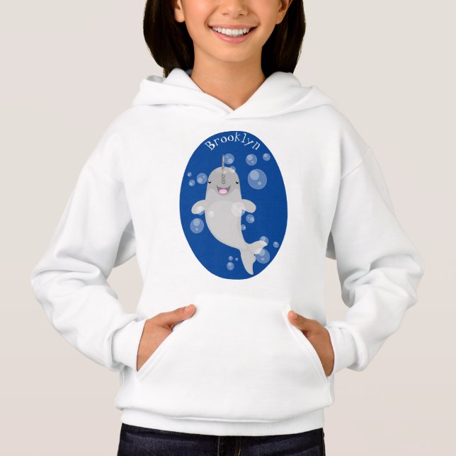Cute happy narwhal bubbles cartoon illustration hoodie (Front)