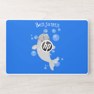 Cute happy narwhal bubbles cartoon illustration HP laptop skin