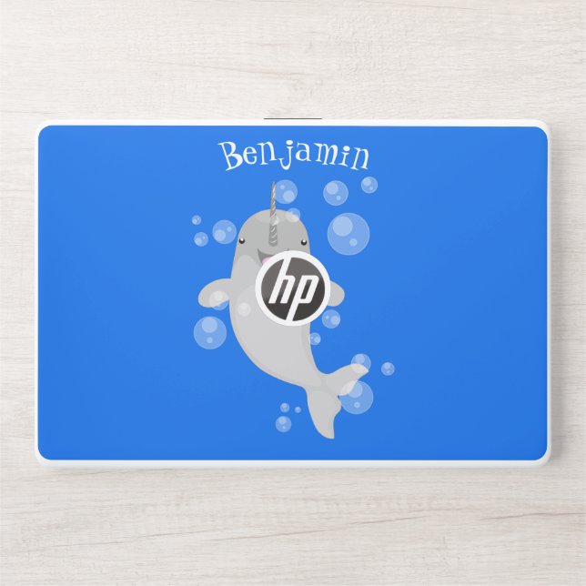 Cute happy narwhal bubbles cartoon illustration HP laptop skin (Front)