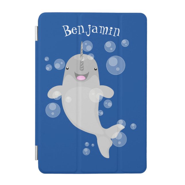 Cute happy narwhal bubbles cartoon illustration iPad mini cover (Front)