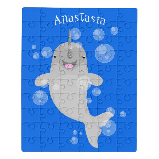 Cute happy narwhal bubbles cartoon illustration jigsaw puzzle (Puzzle Vertical)