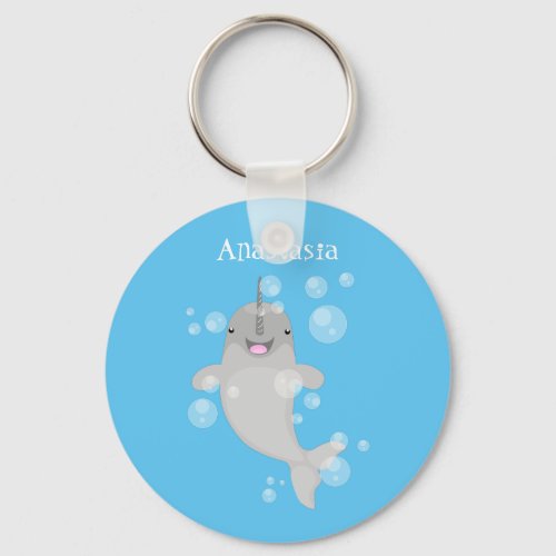 Cute happy narwhal bubbles cartoon illustration keychain