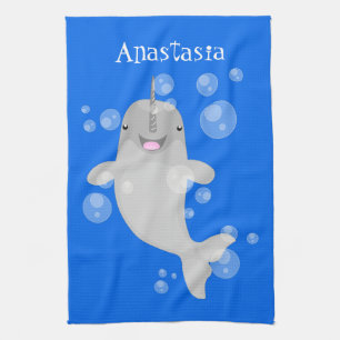 Cute happy narwhal bubbles cartoon illustration kitchen towel