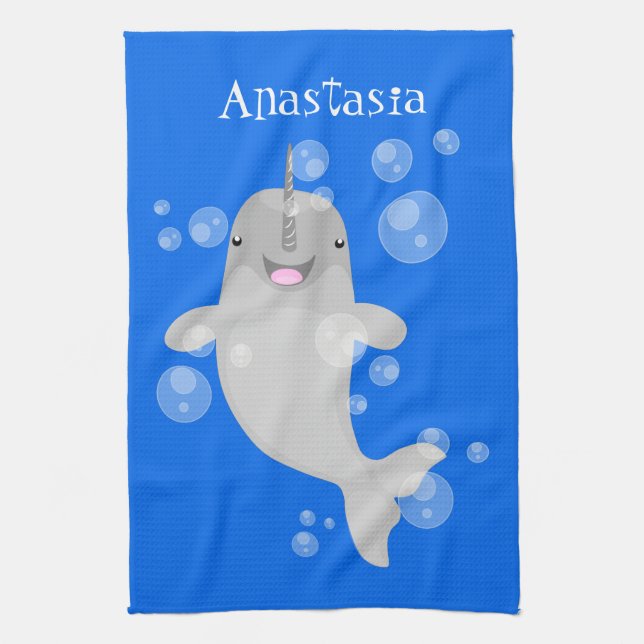 Cute happy narwhal bubbles cartoon illustration kitchen towel (Vertical)