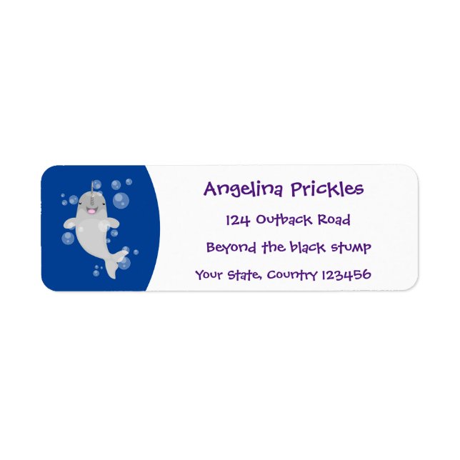 Cute happy narwhal bubbles cartoon illustration label (Front)