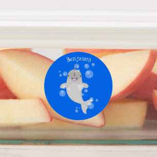 Cute happy narwhal bubbles cartoon illustration labels