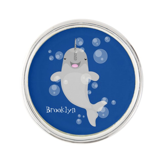 Cute happy narwhal bubbles cartoon illustration lapel pin (Front)