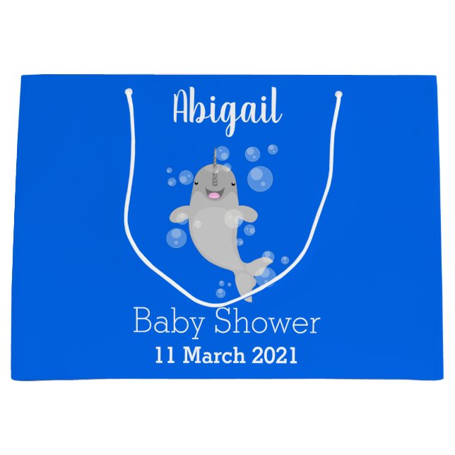Cute happy narwhal bubbles cartoon illustration large gift bag (Front)