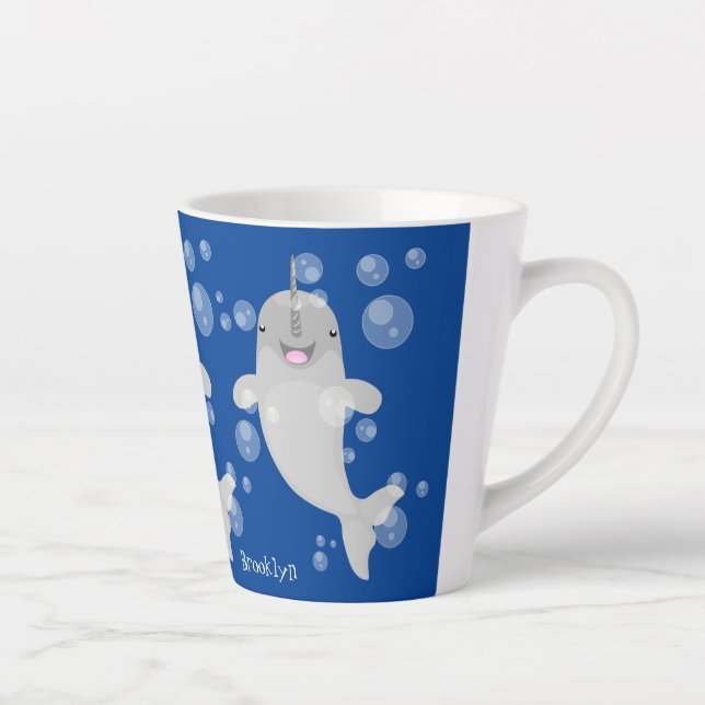 Cute happy narwhal bubbles cartoon illustration latte mug (Right)