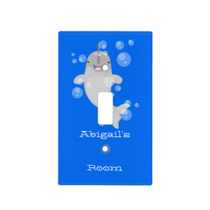 Cute happy narwhal bubbles cartoon illustration light switch cover