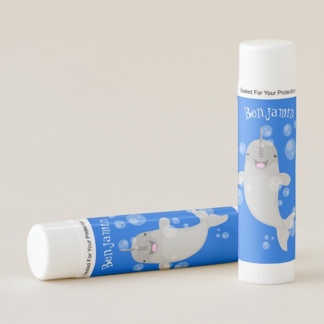 Cute happy narwhal bubbles cartoon illustration lip balm (Front)