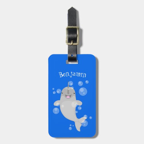 Cute happy narwhal bubbles cartoon illustration luggage tag