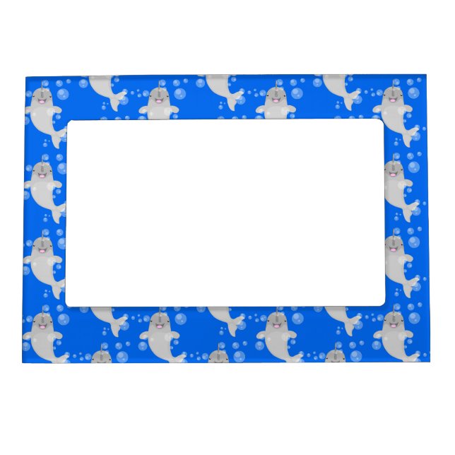 Cute happy narwhal bubbles cartoon illustration magnetic frame (Front)