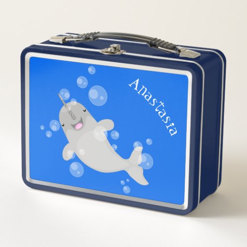 Cute happy narwhal bubbles cartoon illustration metal lunch box