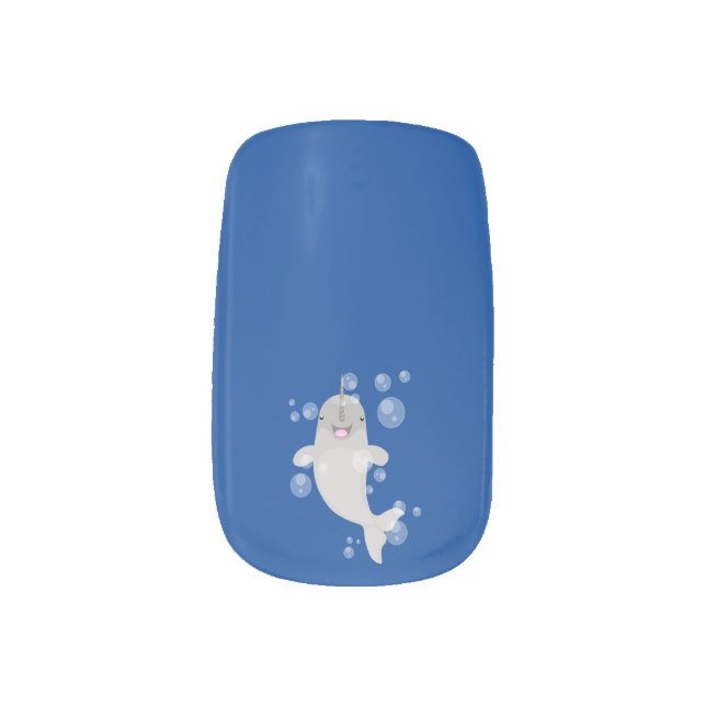 Cute happy narwhal bubbles cartoon illustration minx nail art (Left Thumb)