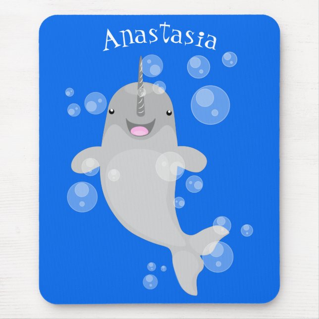 Cute happy narwhal bubbles cartoon illustration mouse pad (Front)