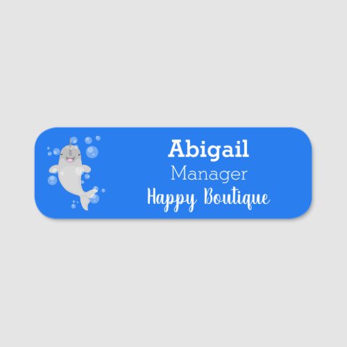 Cute happy narwhal bubbles cartoon illustration name tag