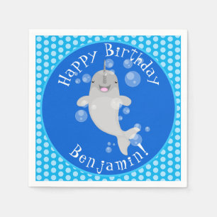 Cute happy narwhal bubbles cartoon illustration napkins