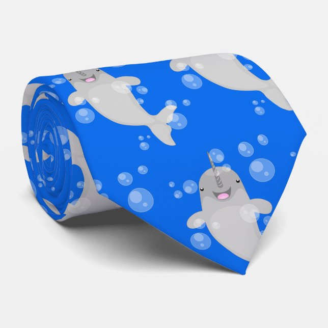 Cute happy narwhal bubbles cartoon illustration neck tie (Rolled)