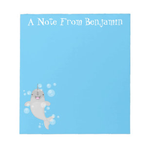 Cute happy narwhal bubbles cartoon illustration notepad