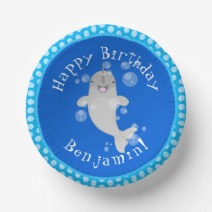 Cute happy narwhal bubbles cartoon illustration paper bowls