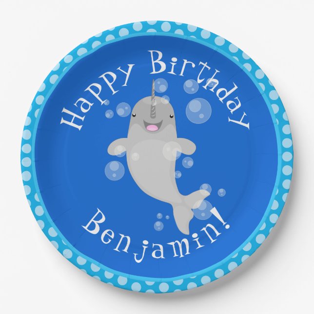 Cute happy narwhal bubbles cartoon illustration paper plates (Front)