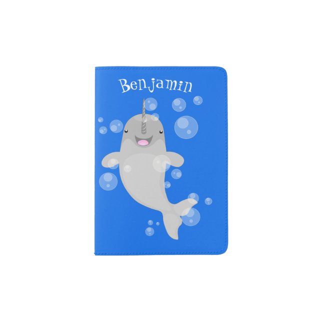 Cute happy narwhal bubbles cartoon illustration passport holder (Front)