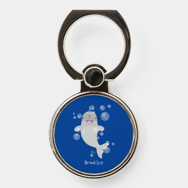 Cute happy narwhal bubbles cartoon illustration  phone ring stand (Front)