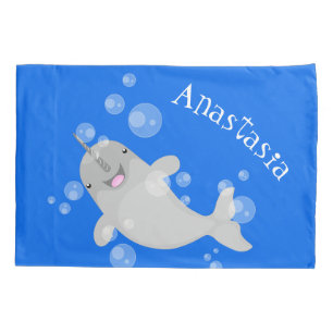 Cute happy narwhal bubbles cartoon illustration pillow case