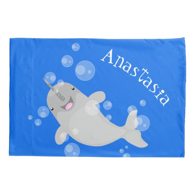 Cute happy narwhal bubbles cartoon illustration pillow case (Back)