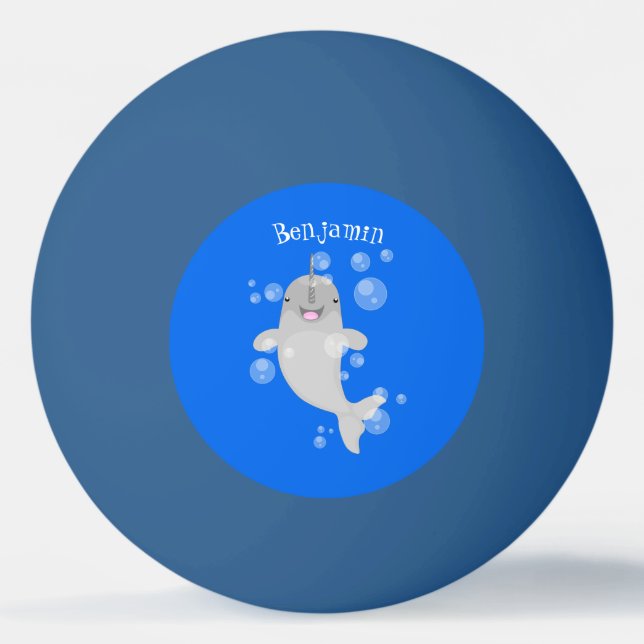 Cute happy narwhal bubbles cartoon illustration ping pong ball (Front)