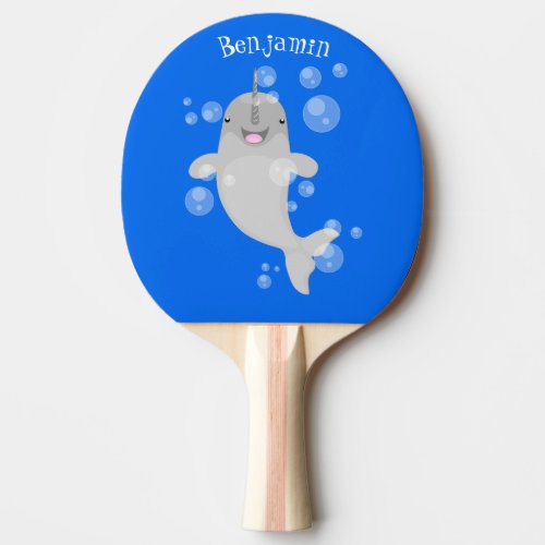 Cute happy narwhal bubbles cartoon illustration ping pong paddle